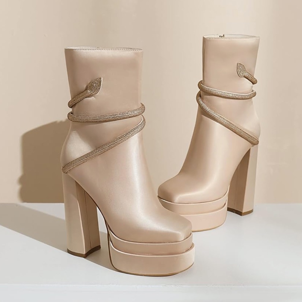 Vivianly Nude Platform Block High Heels mid Boots w Jeweled wrap Sz 10 NIB